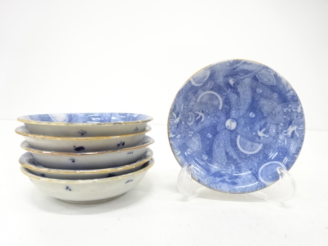JAPANESE CERAMICS / INBANDE SMALL PLATE / SET OF 6 / BLUE & WHITE (PORCELAIN) / FLOWER & BIRD
